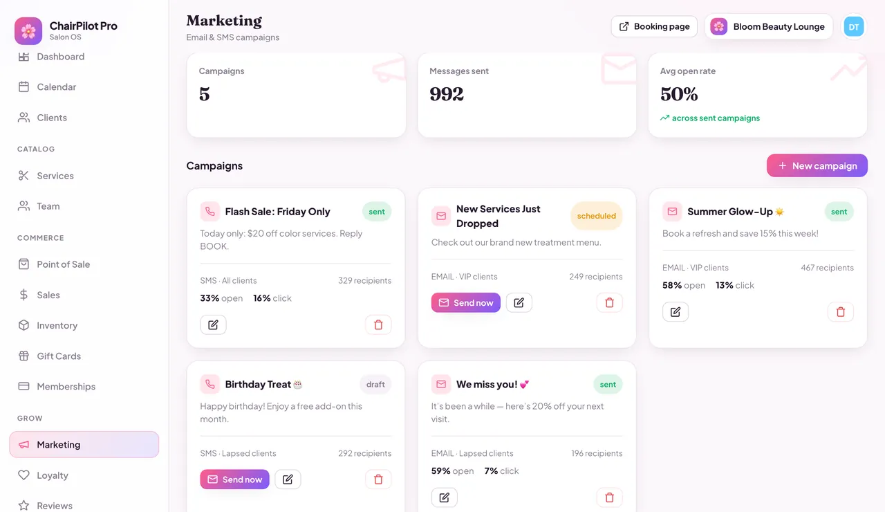 ChairPilot Pro email & SMS marketing