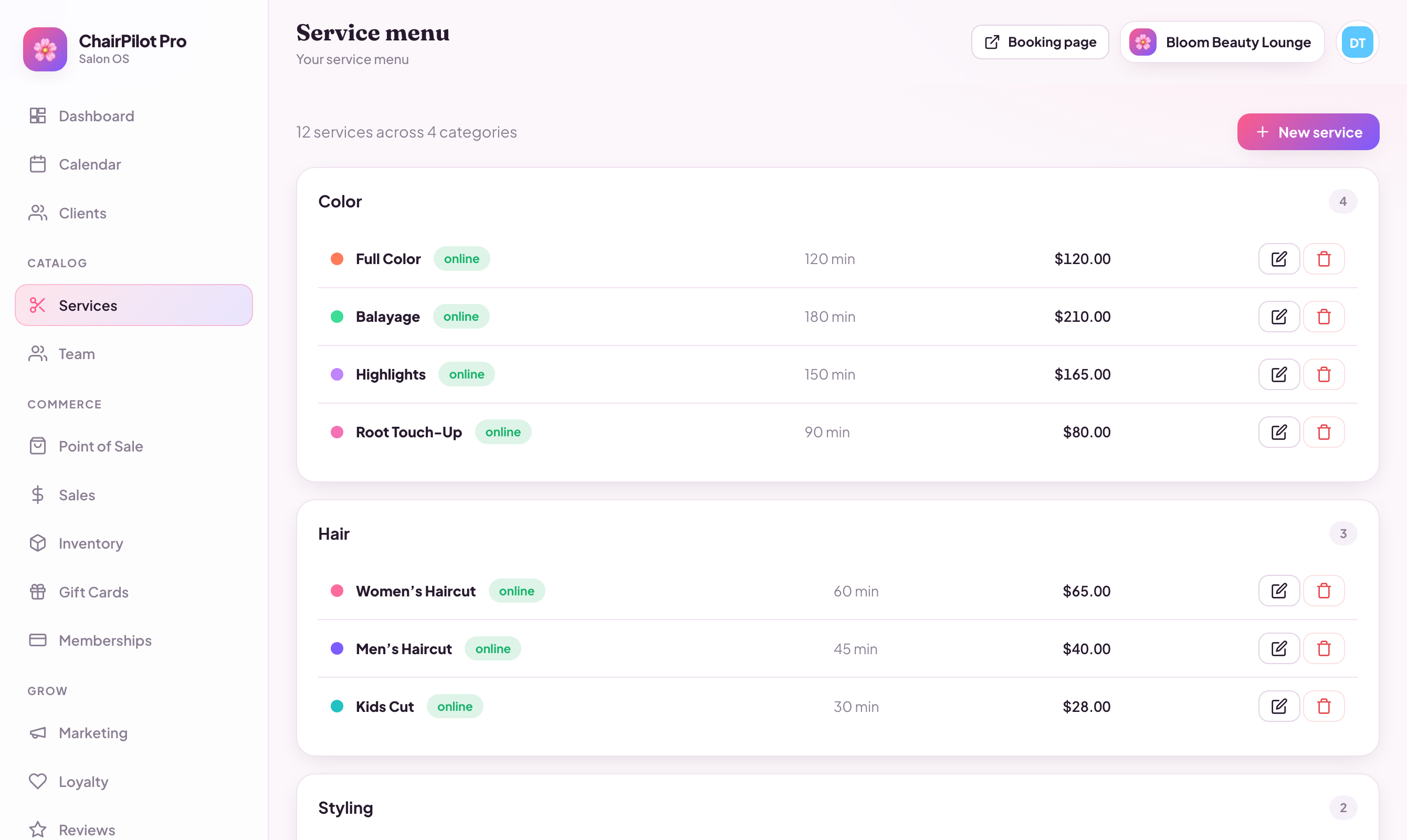 ChairPilot Pro service menu