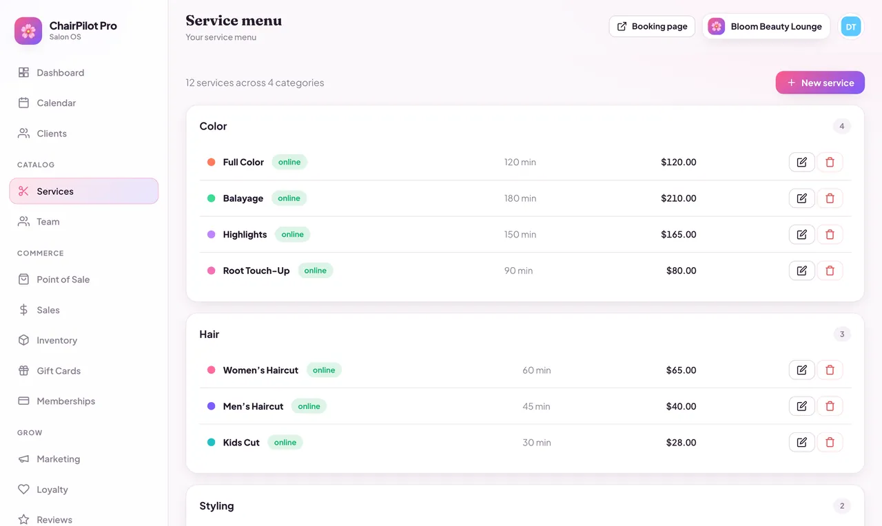ChairPilot Pro service menu
